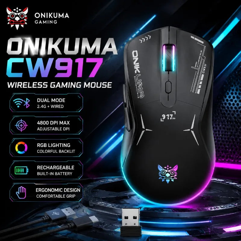 ONIKUMA CW917 Wireless Gaming Mouse Dual Mode 2.4G Wired RGB Backlit 4800 DPI Adjustable Rechargeable Ergonomic Programmable PC