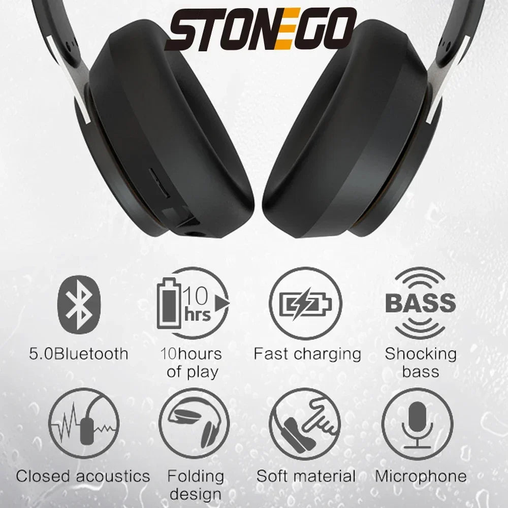 Wireless Bluetooth Headphones Foldable HiFi Deep Bass Noise Cancelling Earphones with HD Microphone and PU Leather Earmuffs